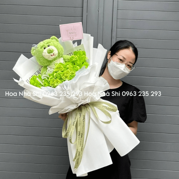 Bó Hoa Sáp Thơm Kèm 1 Gấu Bông - Tone Xanh Lá - 20