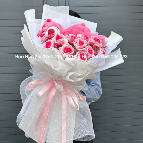 Bó Hoa Sáp Thơm Song Hỉ Kèm 1 Gấu Dâu To - Tone Hồng - 21