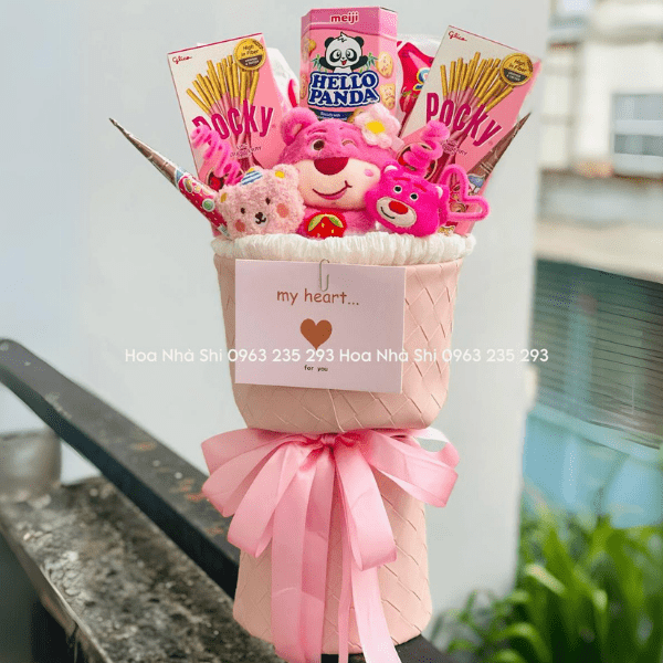 Bó Hoa Bánh Kẹo Sinh Nhật Mix Gấu - Tone Hồng - 52