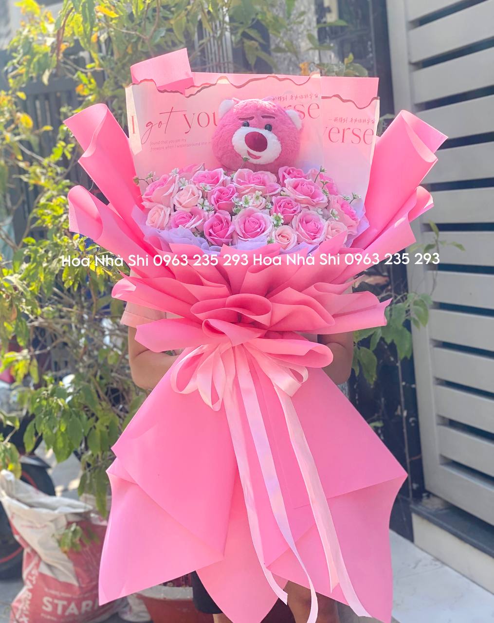 Bó Hoa Sáp Thơm Mix Gấu Dâu - Tone Hồng - 58