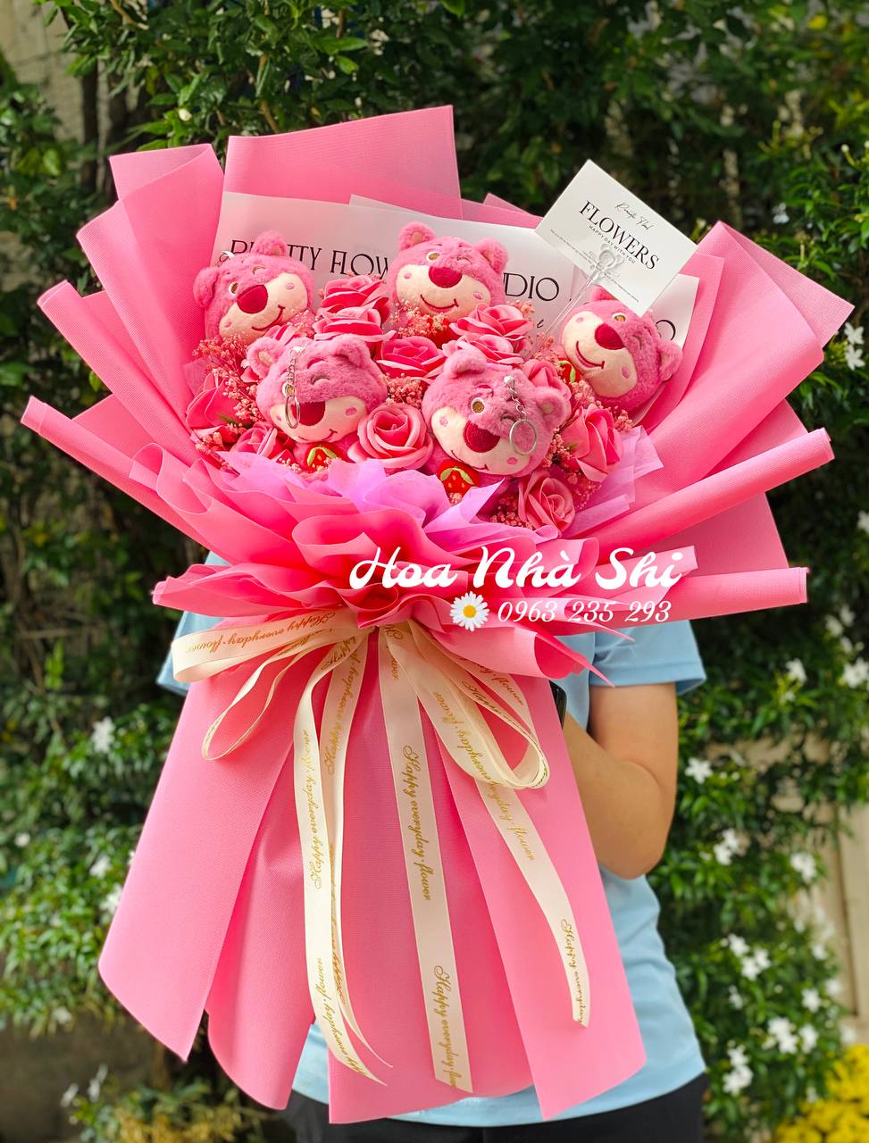 Hoa Gấu Bông - Gấu Dâu 5 Con - Tone Hồng - 79
