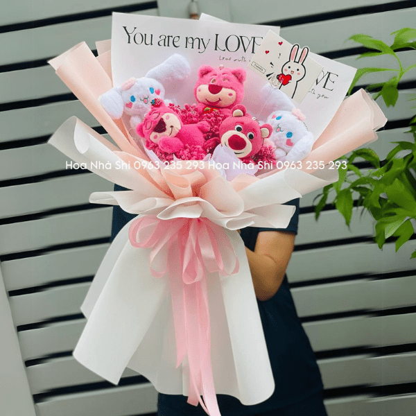 Bó Hoa Gấu Bông - Gấu Dâu 3 Con - Tone Hồng - 80