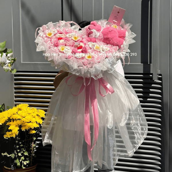 Bó Hoa Sáp Thơm Mix Gấu Dâu Trái Tim - 100