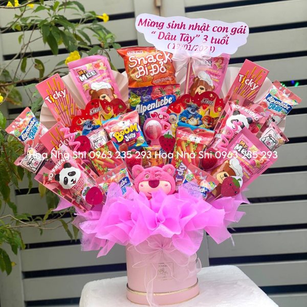 Hộp Hoa Bánh Kẹo Sinh Nhật - Tone Hồng - 162